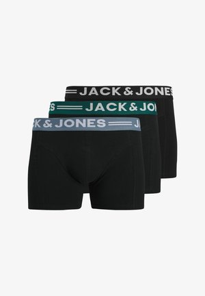 Tre par boxershorts i svart, grønn og blå, med elastiske midjebånd med "JACK & JONES"-logo. Laget av mykt stoff.