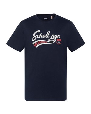 Marineblaues T-Shirt mit kurzen Ärmeln und Rundhalsausschnitt, auf der Vorderseite mit weißem und rotem Schriftzug "Schott nyc Incorporated" und einem Emblem "Since 1913".