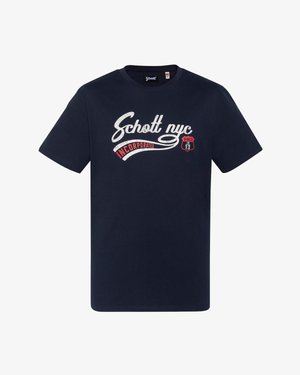 T-shirt à manches courtes bleu marine avec col ras du cou, texte blanc et rouge "Schott nyc Incorporated" et un emblème "Depuis 1913" sur le devant.