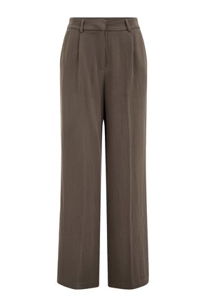 Pantalones de corte ancho en un tono verde oliva oscuro, hechos de tela ligera, con pliegues delanteros y una cintura limpia.