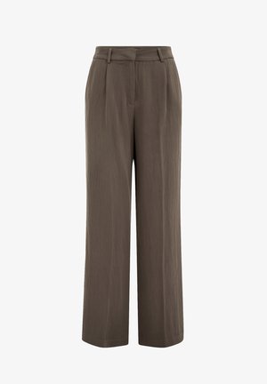 Wide-leg trousers in a dark olive green hue, made from lightweight fabric, featuring front pleats and a clean waistband.