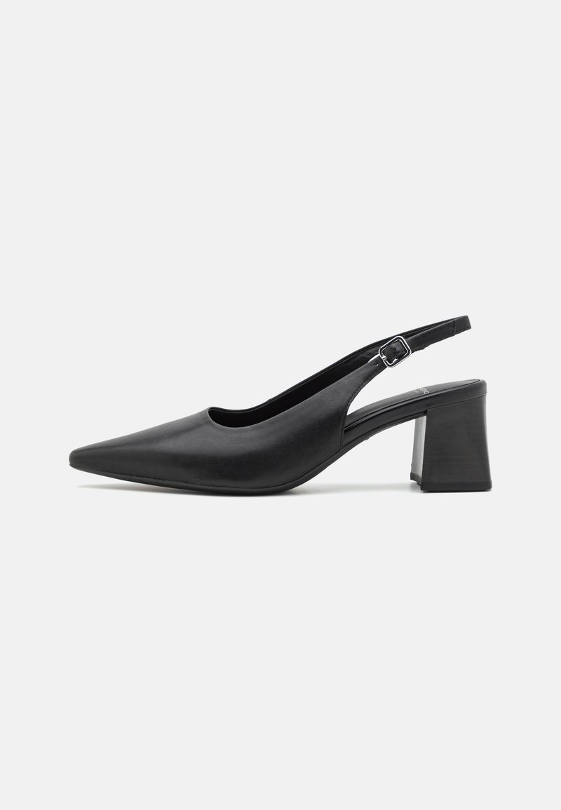 Black leather slingback heeled shoe with a pointed toe and a chunky block heel. Features an adjustable strap with a metal buckle.