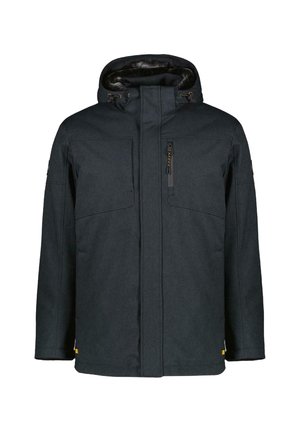 Donkergrijze geïsoleerde jas met capuchon, met een ritssluiting aan de voorkant, twee borstzakken en een zijzak met rits. Textuurstof en verstelbare hardware.