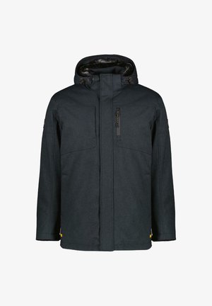 Donkergrijze geïsoleerde jas met capuchon, met een ritssluiting aan de voorkant, twee borstzakken en een zijzak met rits. Textuurstof en verstelbare hardware.