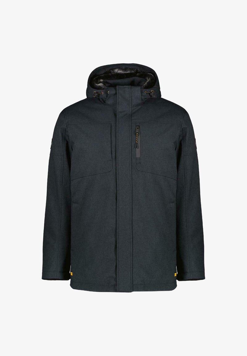 Donkergrijze geïsoleerde jas met capuchon, met een ritssluiting aan de voorkant, twee borstzakken en een zijzak met rits. Textuurstof en verstelbare hardware.