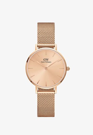 Rosegold-Uhr mit Mesh-Armbanduhr, minimalistisches Design, runde Ziffernblatt, glattes Zifferblatt und dünne Stundenmarkierungen. Mit einem Logo bei 12 Uhr.