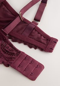 Čipkovaná bordová podprsenka s priehľadnou sieťovinou, vlnitými okrajmi, nastaviteľnými ramienkami a zapínaním na háčik s piatimi úrovňami nastavenia.