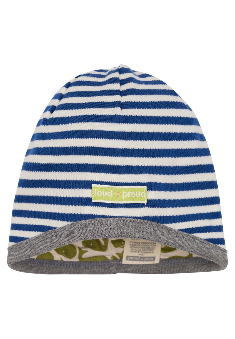 Beanie a righe blu e bianche con un risvolto grigio. All'interno presenta un motivo a foglie verdi. Etichetta "loud + proud" cucita sul davanti.