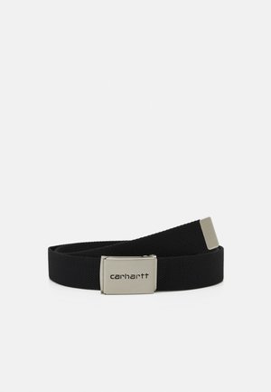 Black woven fabric belt featuring a metallic silver buckle with engraved logo. Straight design with no visible patterns or accents.