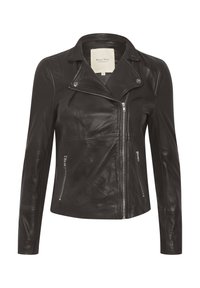 Giacca da moto in pelle nera con colletto a dente, chiusura con zip asimmetrica e tasche con zip su ciascun lato. Texture liscia.