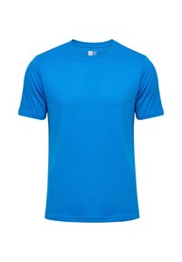 Blauw T-shirt met korte mouwen van gladde stof, met een ronde hals, rechte zoom en een minimalistisch ontwerp zonder zichtbare logo's of patronen.