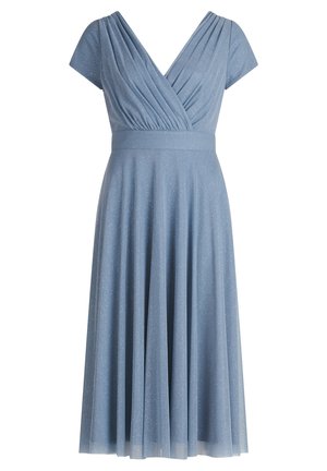 Light blue dress with short sleeves, V-neck, pleated bodice, and flowing skirt. Made from soft fabric with subtle glitter detailing.