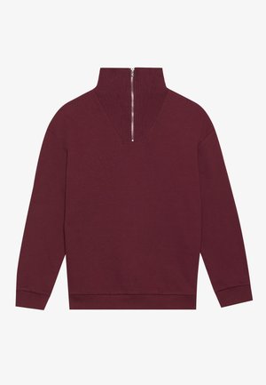 Maroon sweatshirt with a high collar and back zip. Features a ribbed texture on the collar and a relaxed fit with long sleeves.