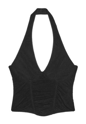 Top court noir à col halter avec détails froncés et coutures ajustées, fabriqué dans un tissu doux et extensible.