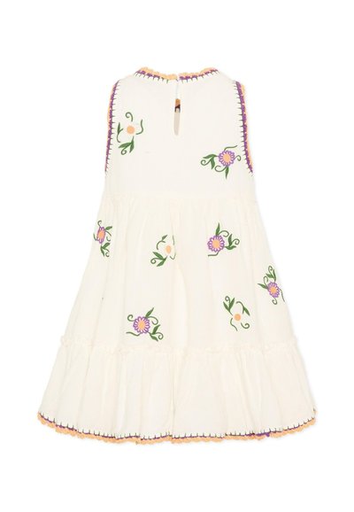 Vestito bianco senza maniche con ricami floreali viola e pesca, bordi smerlati e chiusura posteriore a occhiello.