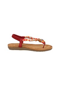 Sandalo rosso con design a fascia intrecciata e accenti multicolori, con punta per le dita e soletta imbottita marrone. Suola piatta in gomma.