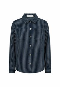Giacca di jeans blu con righe verticali bianche, due tasche sul petto e bottoni in argento. Presenta un collo alla coreana e un taglio dritto.