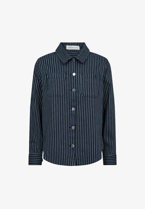 Blue denim jacket with white vertical stripes, two chest pockets, and silver buttons. Features a collared neck and a straight cut.