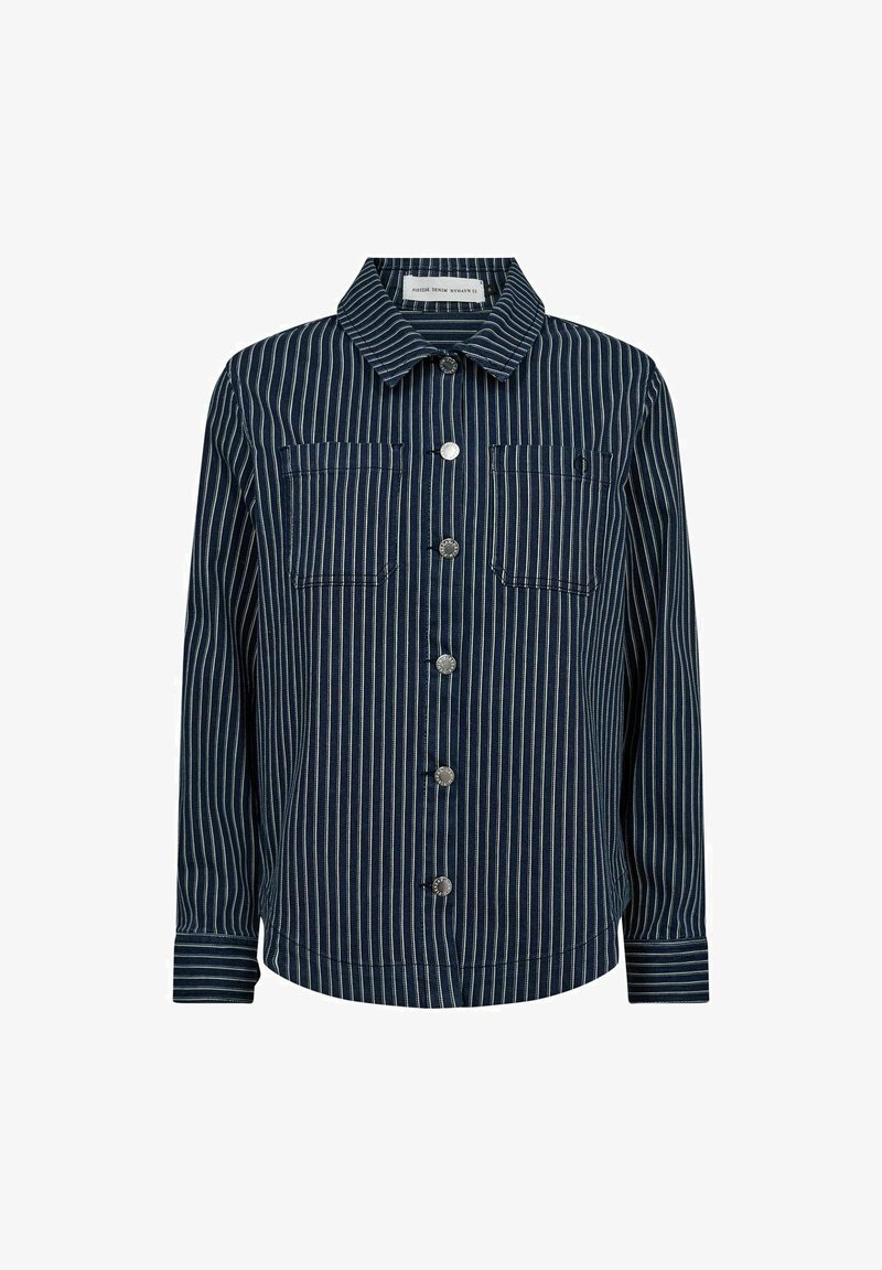 Blue denim jacket with white vertical stripes, two chest pockets, and silver buttons. Features a collared neck and a straight cut.