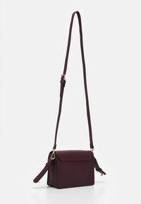 Borsa a tracolla bordeaux realizzata in pelle liscia, di forma rettangolare, con tracolla rimovibile, dettagli in metallo dorato e chiusura a pattina.