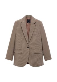Hnědý kostkovaný blazer s jedním knoflíkem, s klopami, dvěma předními kapsami a kontrastní podšívkou. Přiléhavý střih.