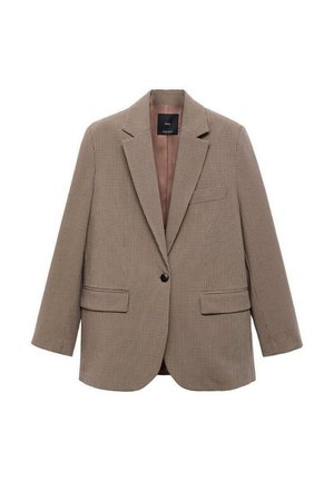 Blazer marron à carreaux avec fermeture à un bouton, revers crantés, deux poches avant et une doublure intérieure contrastante. Coupe ajustée.