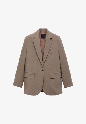 Bruin geruit blazer met een sluiting met één knoop, notch lapels, twee voorzakken en een contrasterende voering. Getailleerde pasvorm.