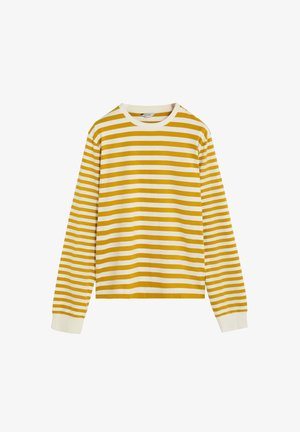 Long-sleeve crewneck sweater with horizontal mustard yellow and white stripes, ribbed cuffs and neckline.