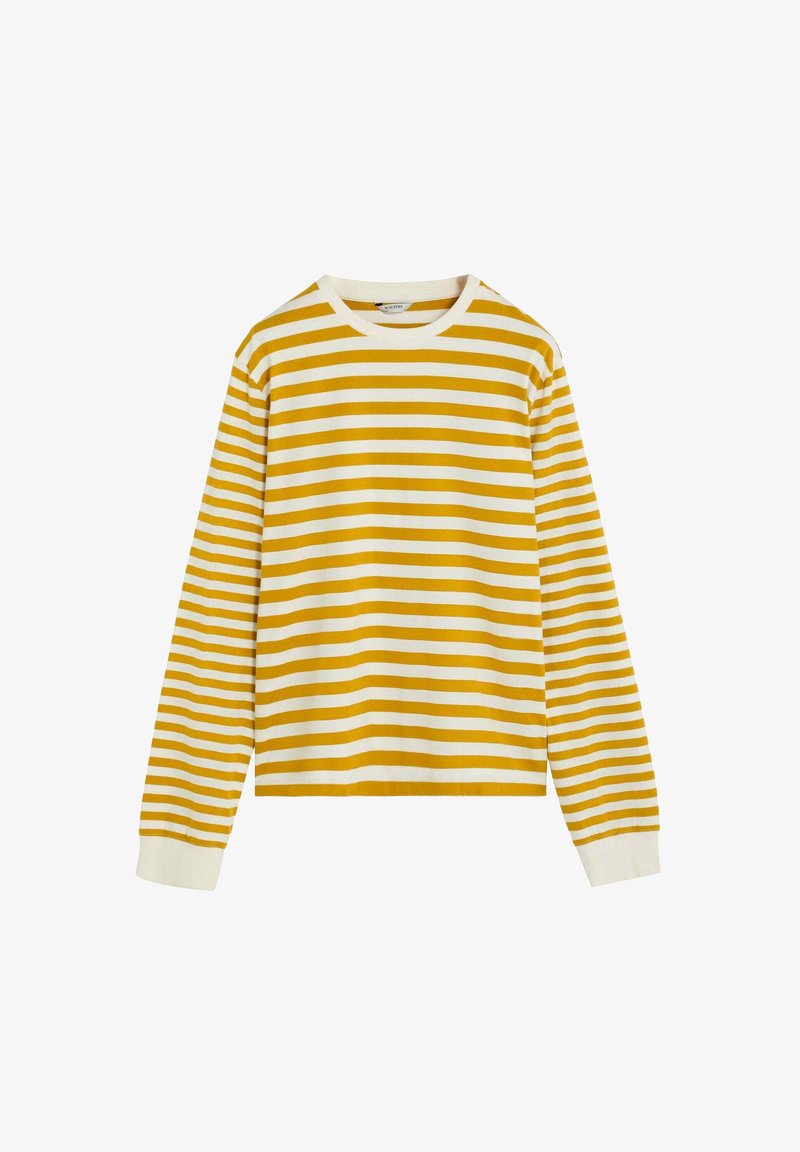 Langærmet crewneck sweater med horisontale sennepsgule og hvide striber, ribbede manchetter og udskæring.