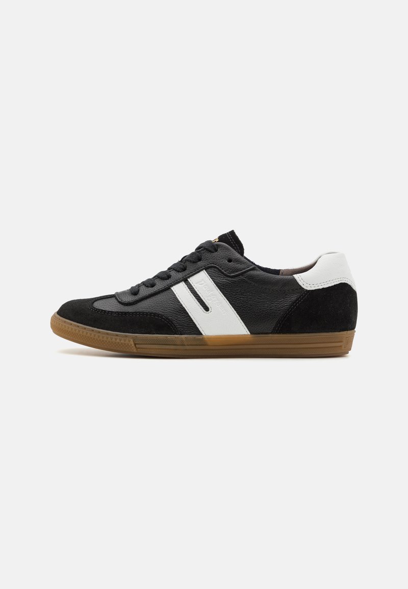 Black sneaker featuring a mix of leather and suede, with a white accent stripe and a gum rubber sole, rounded toe, and lace-up design.
