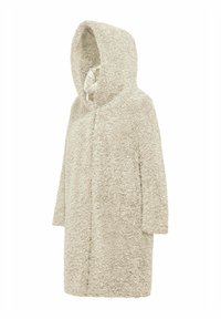 Gestructureerde crèmekleurige capuchonjas met een luxe buitenkant, volledige mouwen en een eenvoudige sluiting aan de voorkant. Zacht materiaal biedt warmte.