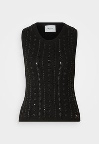 Haut noir sans manches en maille avec des fines rayures verticales en sequins et un col rond, étiquette de la marque Pepe Jeans à l'intérieur du col.