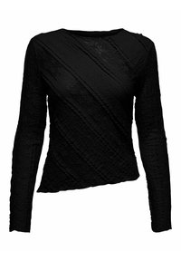 Black long-sleeve top featuring textured fabric with diagonal seam lines and a slightly asymmetrical hem for visual interest.