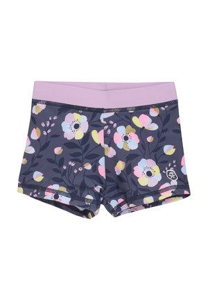 Mädchen-Schwimmshorts in Dunkelblau mit einem floralen Muster in Pink, Gelb und Grün. Pinker Bund, elastisches Material und gesäumter Saum.