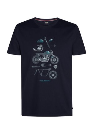 Marine t-shirt met een grafiek van een motorfiets en componenten in teal en wit, met de tekst "PETROL INDUSTRIES" aan de onderkant.