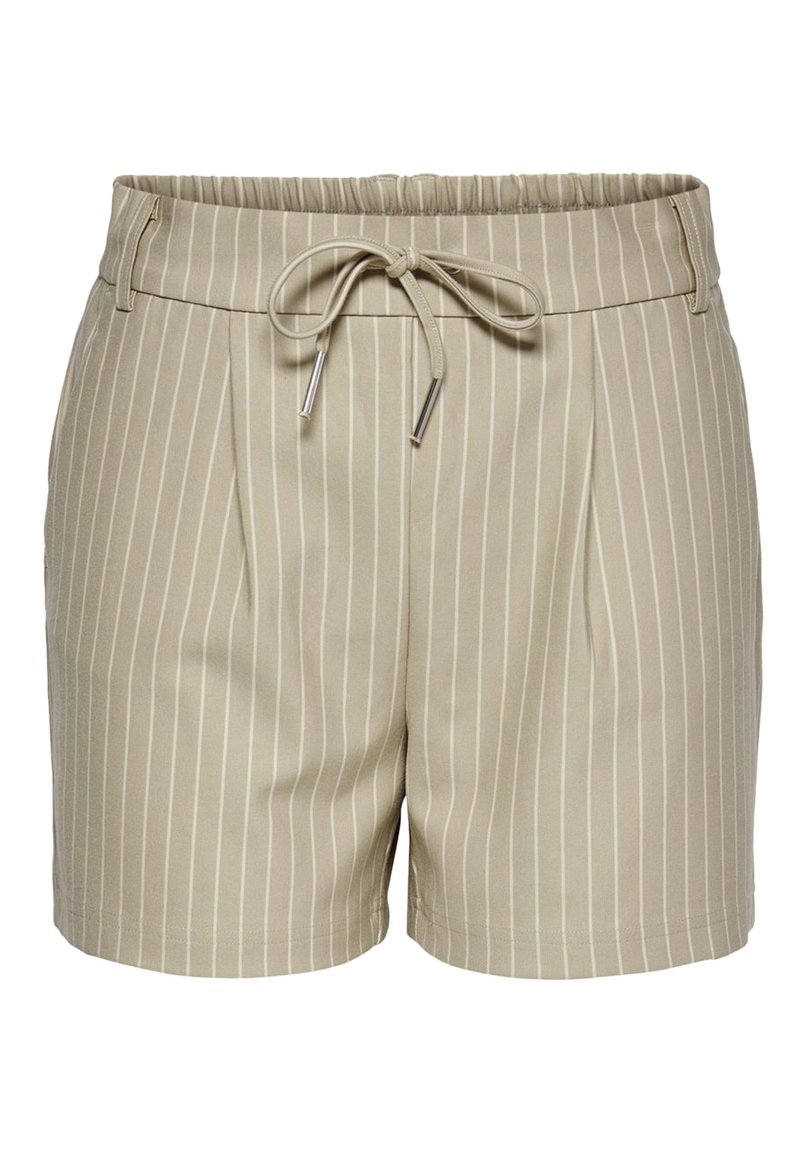 Short beige à fines rayures avec taille élastique et cordon à l’avant, doté de passants pour ceinture et de plis discrets à l’avant.