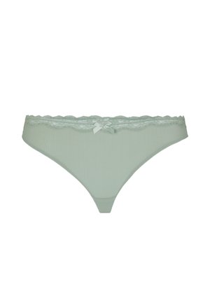 Lichtgroene damesstring met kanten rand en een klein satijnen strikje in het midden van de tailleband.