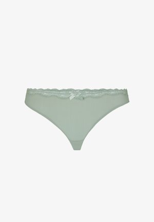 Lichtgroene damesstring met kanten rand en een klein satijnen strikje in het midden van de tailleband.