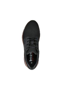 Svart sneaker med en mesh-ovandel, rund tå och bruna detaljer. Har svarta snören och en logotyp på sidan. Storlek 42.