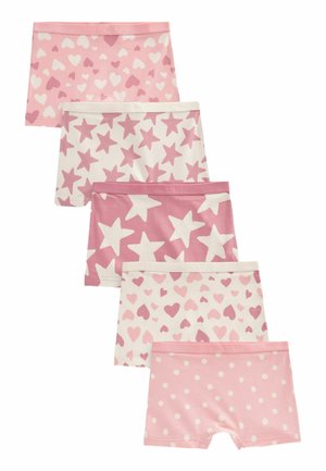 Set de cinci pantaloni scurți roz pentru copii. Modelele includ inimi, stele și buline. Realizați din bumbac moale cu talie elastică.