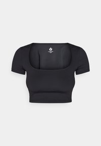 Top corto negro hecho de tela suave, con mangas cortas y un escote cuadrado ancho. Logotipo impreso en el interior del cuello.