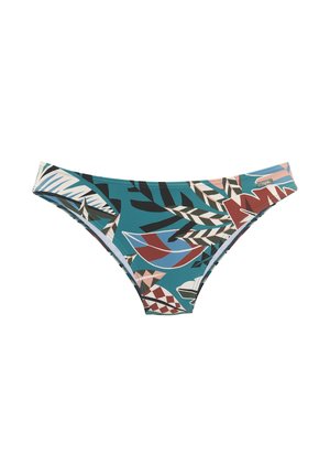 Türkisfarbener Bikini-Slip mit abstrakten tropischen Blatt- und geometrischen Mustern in Rot, Schwarz, Weiß und Blau, mit einem kleinen metallischen Markenzeichen.