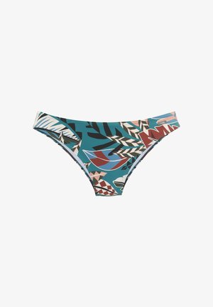 Türkisfarbener Bikini-Slip mit abstrakten tropischen Blatt- und geometrischen Mustern in Rot, Schwarz, Weiß und Blau, mit einem kleinen metallischen Markenzeichen.