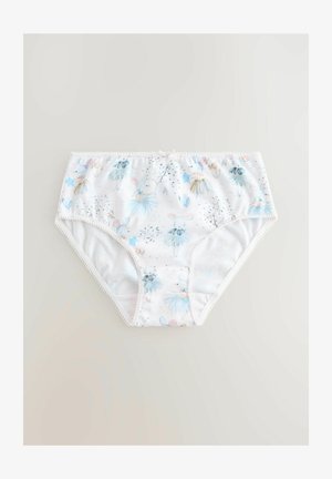 Białe bawełniane majtki z kwiatowym nadrukiem w niebieskie i różowe akcenty. Wykończone koronkowym obszyciem i delikatną kokardką w pasie.