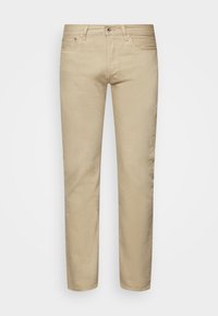 Beige cotton chinos with a straight-leg design. Features five pockets, a button fly, and subtle stitching details. Smooth texture.