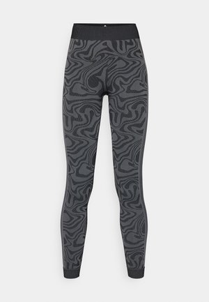 Leggings made of stretchy fabric in dark gray with a textured, swirling black pattern; fitted design with a wide waistband and hemmed cuffs.