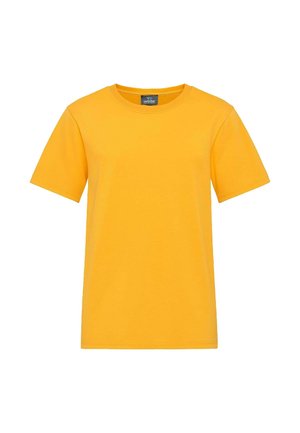 T-shirt di cotone giallo con colletto rotondo classico, maniche corte e una superficie liscia. Presenta un'etichetta all'interno del colletto.
