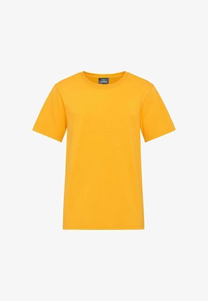 T-shirt di cotone giallo con colletto rotondo classico, maniche corte e una superficie liscia. Presenta un'etichetta all'interno del colletto.