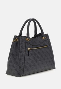 Czarna, teksturowana torba na ramię z złotymi akcentami, wyposażona w dwa uchwyty, przednią kieszeń na zamek błyskawiczny oraz subtelny, tłoczony wzór w całej powierzchni.