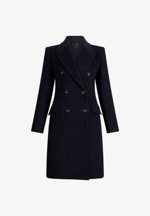 Palton bleumarin cu două rânduri de nasturi, cu un design structurat, rever în vârf, două buzunare frontale și nasturi lucioși. Fabricat dintr-un material texturat.